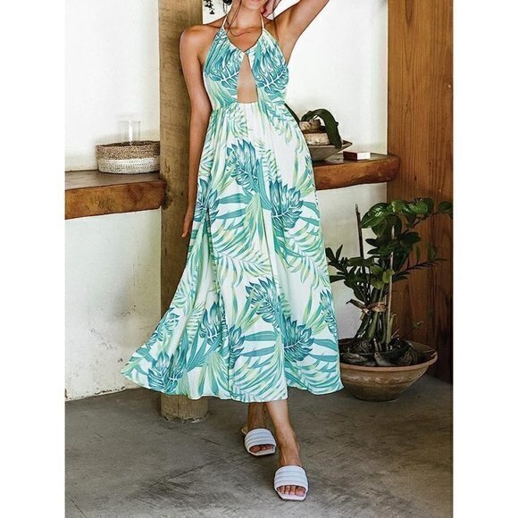 CUPSHE Tropical Plants Halter‎ Cut-Out Front Backless Size Large - Picture 1 of 16